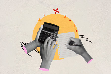 Creative Collage of Hands Calculating with Calculator and Notepad on Abstract Backgroundの写真素材