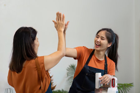 Joyful Teamwork in House Cleaning - Two Women Celebrating Success with High Five in Modern Home...