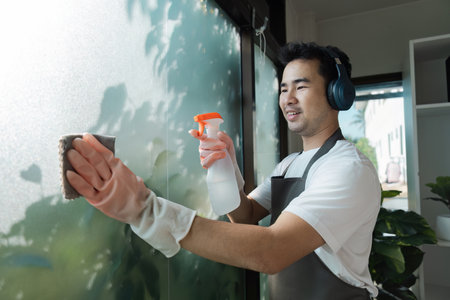 Man Cleaning Window with Spray Bottle and Sponge Wearing Headphones in Modern Home Environmentの写真素材