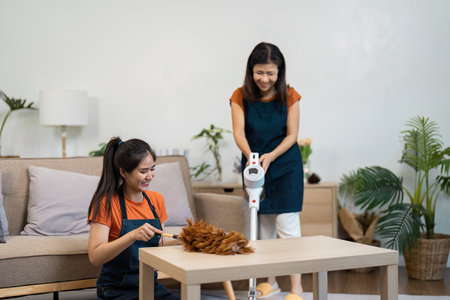 Professional Housekeeper Performing Cleaning Tasks in a Modern Home Environment with Vacuum and...