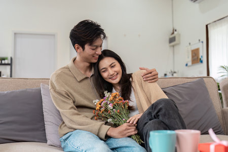 Happy Couple Relaxing on Sofa with Flowers, Embracing Love and Togetherness in a Cozy Home Settingの写真素材