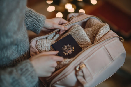 A woman is holding a passport in a pink bagの素材