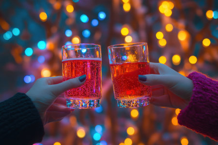 Two people are holding glasses of red liquid, possibly wineの素材