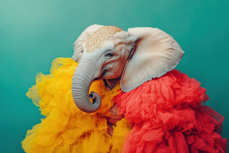 A colorful elephant wearing a yellow and red dressの素材