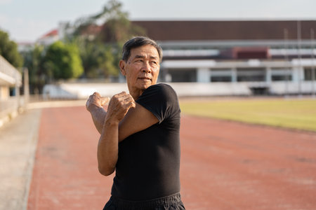 Active Senior Man Stretching Outdoors Promoting Healthy Lifestyle and Wellness in a Sports Environmentの写真素材