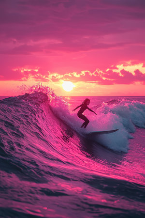 Surfer riding waves at sunset beach sports photography ocean environment side view adventure spiritの素材