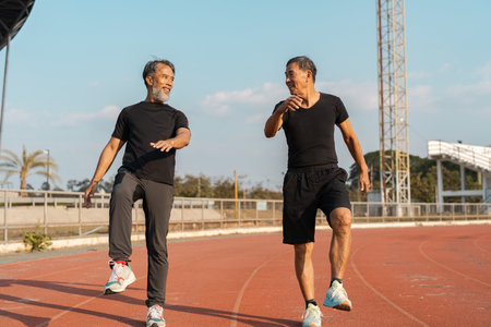 Active Seniors Enjoying Outdoor Exercise for Wellness and Healthy Living in a Vibrant Community Settingの写真素材