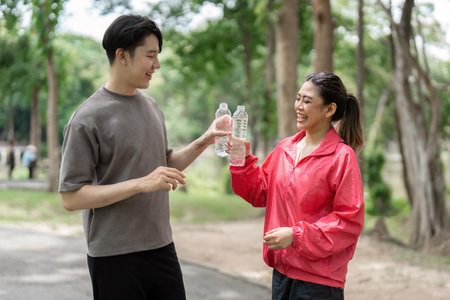 Cheerful young man and woman sharing a moment of hydration and encouragement after a workout in the...