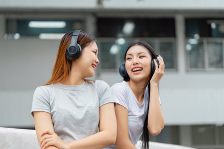 Two happy students sharing music through headphones in an outdoor campus setting, enjoying their...