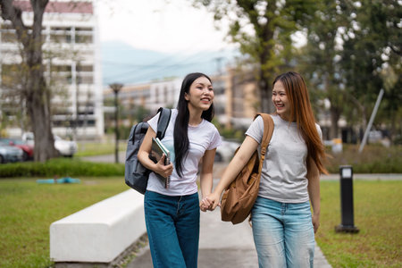 Students walking hand in hand, enjoying friendship and academic life on campus.の写真素材