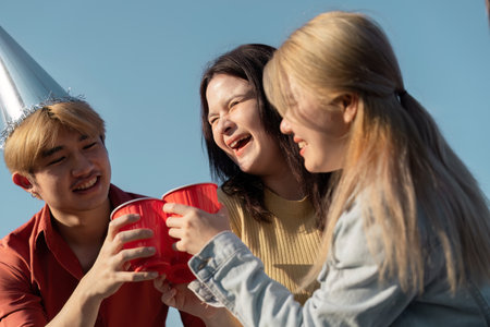 Joyful friends toasting with red cups outdoors, wearing party hats and sharing laughter in a festive celebration.の写真素材