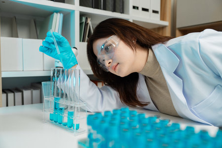 Female scientist conducting experiments by pouring liquids into test tubes in a laboratoryの写真素材
