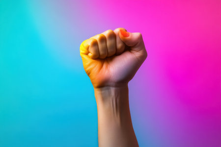Empowering gesture modern background image of a raised fist vibrant environment close-up perspective strength and unity conceptの素材