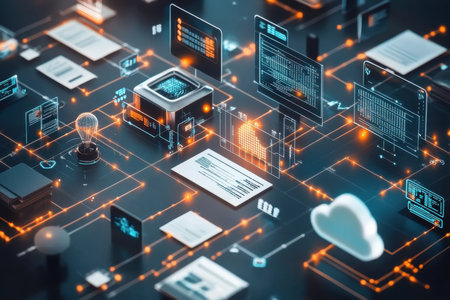 Digital innovation showcase virtual environment technology integration futuristic data visualization high-tech perspectiveの素材