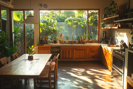 Sunny kitchen scene with indoor plants home decoration bright environment natural light tranquil conceptの素材
