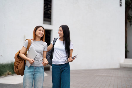 Two diverse university students walking together, smiling and sharing a supportive moment on campus with their study materials.の写真素材