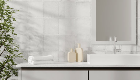 Minimalist bathroom design with elegant soap dispensers and towels, 3D render illustration.の写真素材