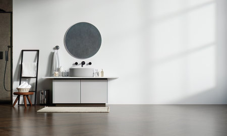 Sleek bathroom design featuring round mirror and modern sink, 3D render illustration.の写真素材