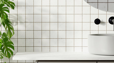 Elegant bathroom sink design with minimalist tile backdrop, 3D render illustration.の写真素材