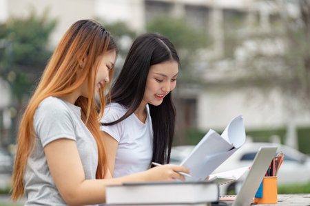 Diverse university students focused on studying with documents and a laptop outdoors.