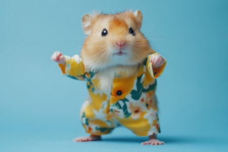 Hamster dancing in floral pajamas studio setting animal photography playful background close-up whimsical conceptの素材