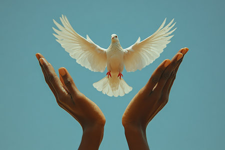 Dove in flight hands reaching photography clear sky close-up freedom symbolismの素材