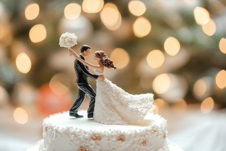 Close-up of a joyful wedding cake topper in a romantic indoor venueの素材