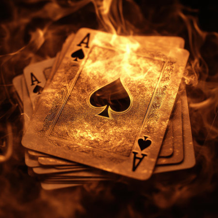 Fiery ace of spades playing cards gaming table digital art dark atmosphere close-up risk and chanceの素材