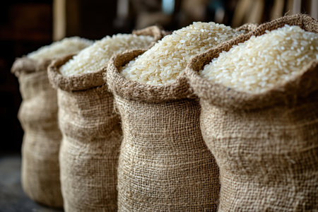 Rice storage bags local market food products rustic environment close-up view agricultural conceptの素材