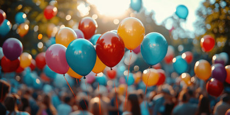 Colorful balloon celebration at a park gathering festive atmosphere vibrant viewpoint joyful community spiritの素材