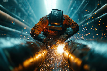 Welding action in industrial location sparks and metal atmospheric environment close-up viewpoint skilled craftsmanshipの素材