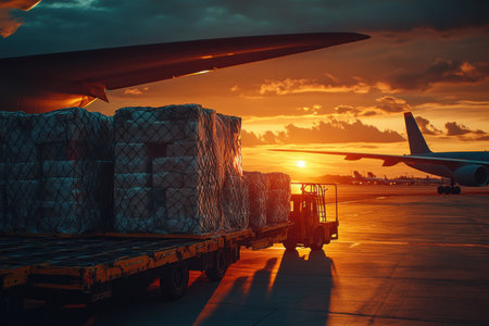 Air cargo operations at dusk airport logistics transportation industrial setting ground level efficiency and movementの素材
