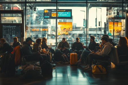 Travelers waiting at airport terminal city photography busy environment ground level anticipation of journeysの素材