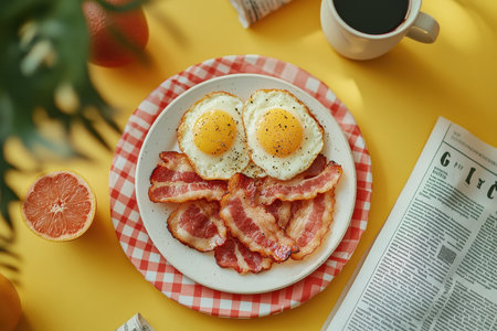 Delicious breakfast feast eggs and bacon on yellow table food photography morning vibesの素材