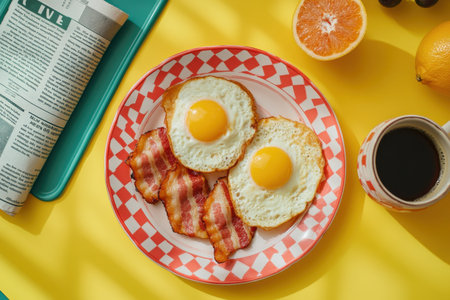 Delicious breakfast fried eggs and bacon on a bright yellow table in cozy settingの素材