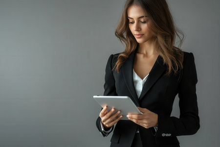 Professional woman engaging with technology office space digital interaction modern environment close-up view empowermentの素材