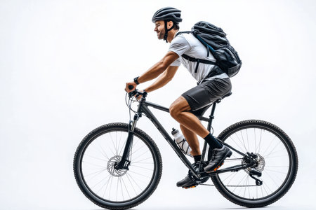 Athletic cyclist riding mountain bike studio setting action photography dynamic environment side view adventure conceptの素材