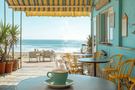 A cafe with a view of the ocean and a cup of coffee on a tableの素材