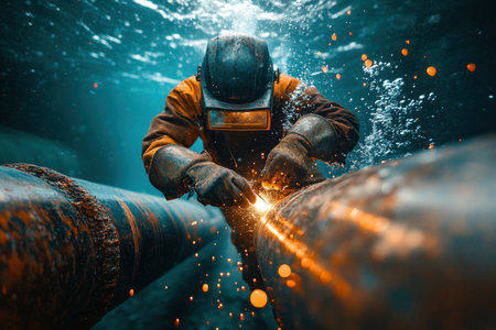 Underwater welding action industrial pipeline photography ocean depths close-up skilled craftsmanshipの素材