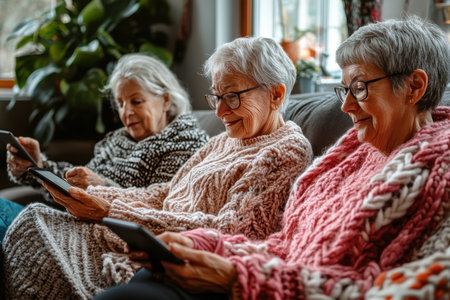 Intimate digital reading for seniors embracing a cozy and warm living room lifestyleの素材