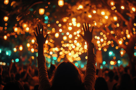 Celebratory lantern festival urban park nighttime event magical atmosphere audience viewpoint community spiritの素材