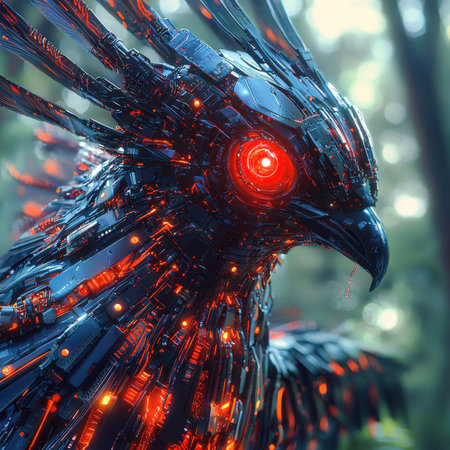 Futuristic mechanical owl enchanted forest digital art nature close-up technology conceptの素材