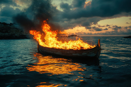 Wide shot of tragic burning boat incident at sunset capturing fiery ocean dramaの素材