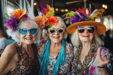 Vibrant beachside celebration joyful seniors capture candid moments in colorful atmosphereの素材