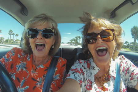 Joyful road trip adventure coastal highway lifestyle content sunny environment two friends fun conceptの素材