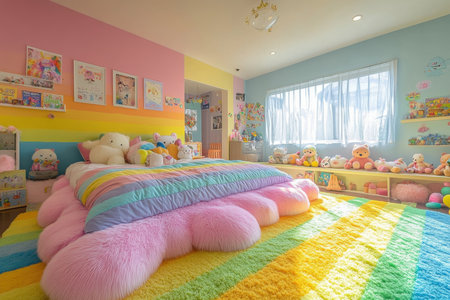 Colorful playful bedroom design for kids cozy home interior style bright and cheerful vibe wide-angle view fun and imaginationの素材