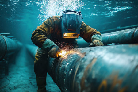 Underwater welding action deep sea pipeline industrial work aquatic environment close-up viewpoint skilled craftsmanshipの素材