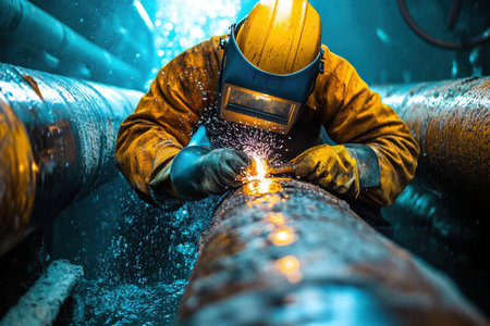 Welding worker performing maintenance on industrial pipeline factory photography underwater environment close-up industry safetyの素材