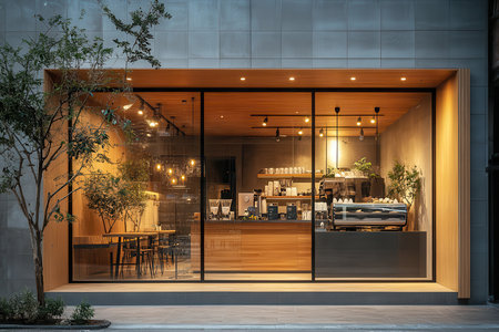 Modern coffee shop interiors eye-level views of urban relaxation and contemporary designの素材