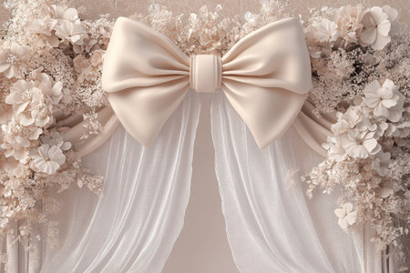 Elegant floral bow decoration indoor venue event decor soft colors close-up view celebration conceptの素材